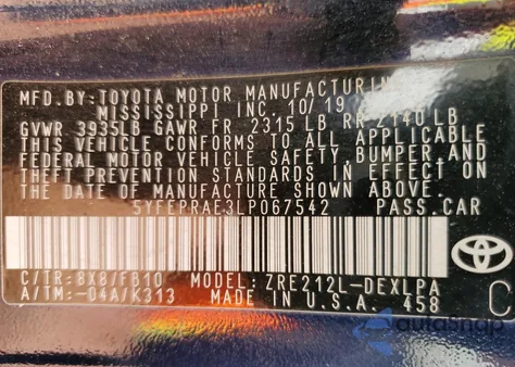 2020 Toyota Corolla Le z USA, uszkodzony, nr VIN 5YFEPRAE3LP067542